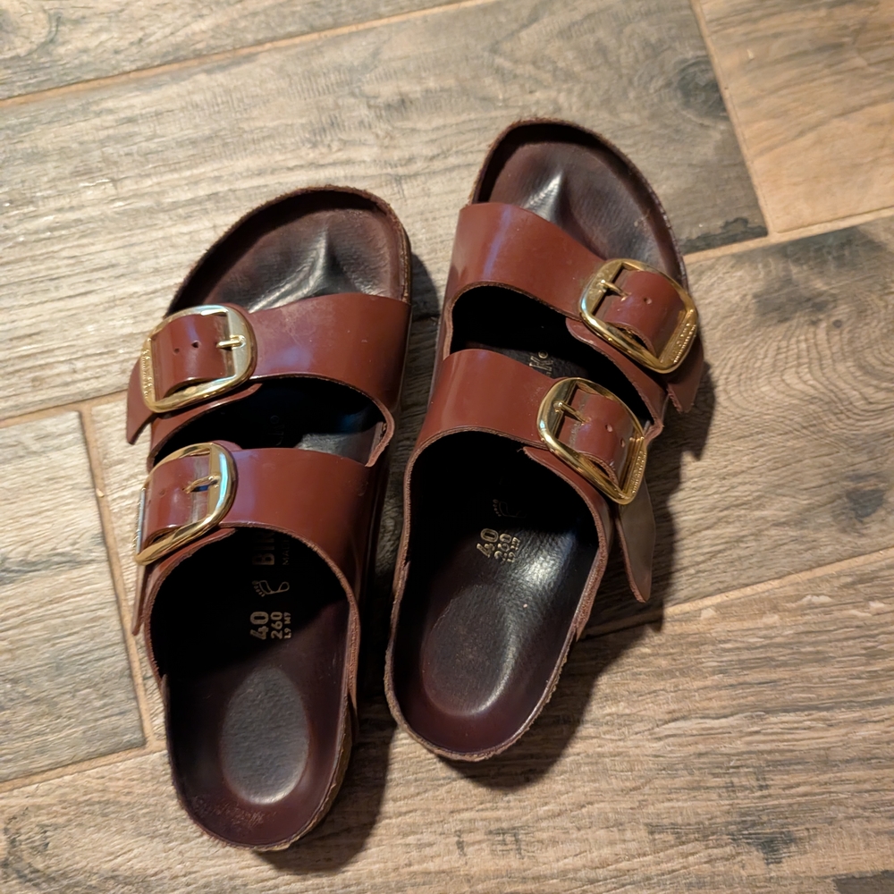 Birkenstock Brown Double-Strap Slide Sandals with Gold Buckles